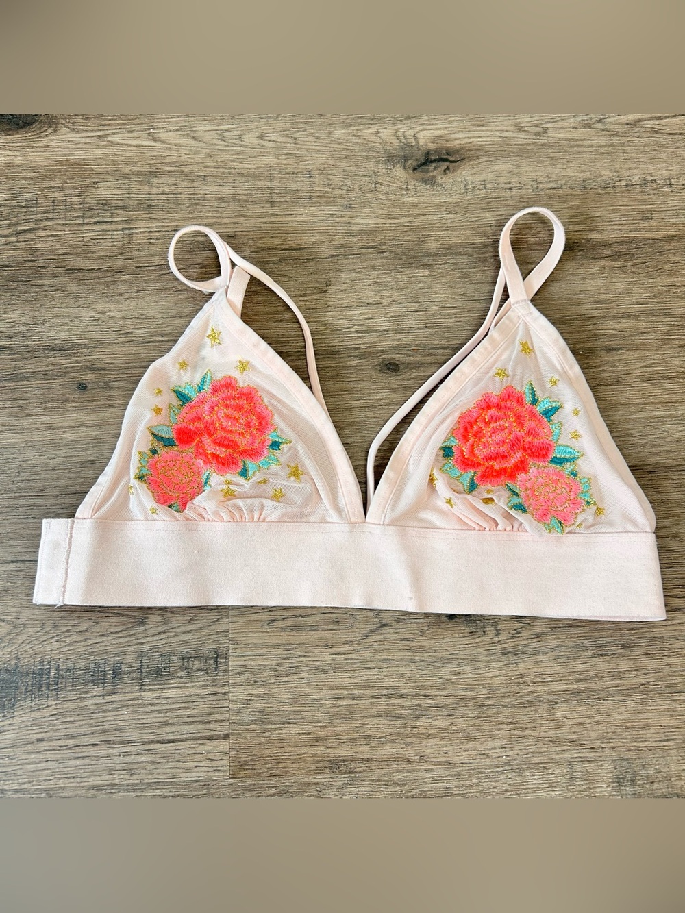 PINK| Pale Pink Sheer Triangle Bralette with Neon Floral Embroidery